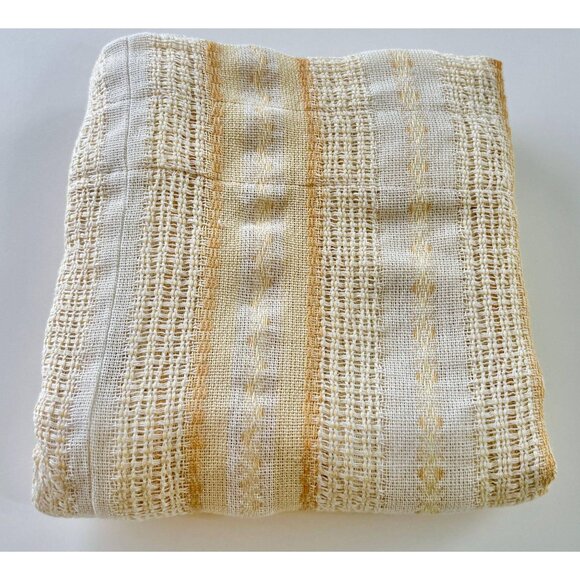 Vintage 70s curtain, beige, tan, orange vertical stripes, rod header panel - Picture 1 of 9
